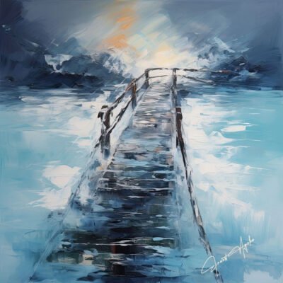 oil painting of a broken bridge across dangerous river