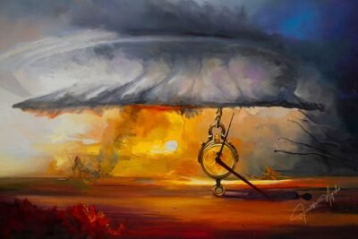 A dangling clock hanging from a swirling cloud of tornado