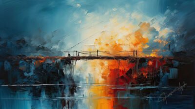 oil painting of a broken bridge across dangerous river