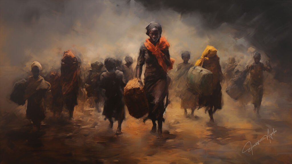 A painting showing a group of migrants trekking along a dusty road