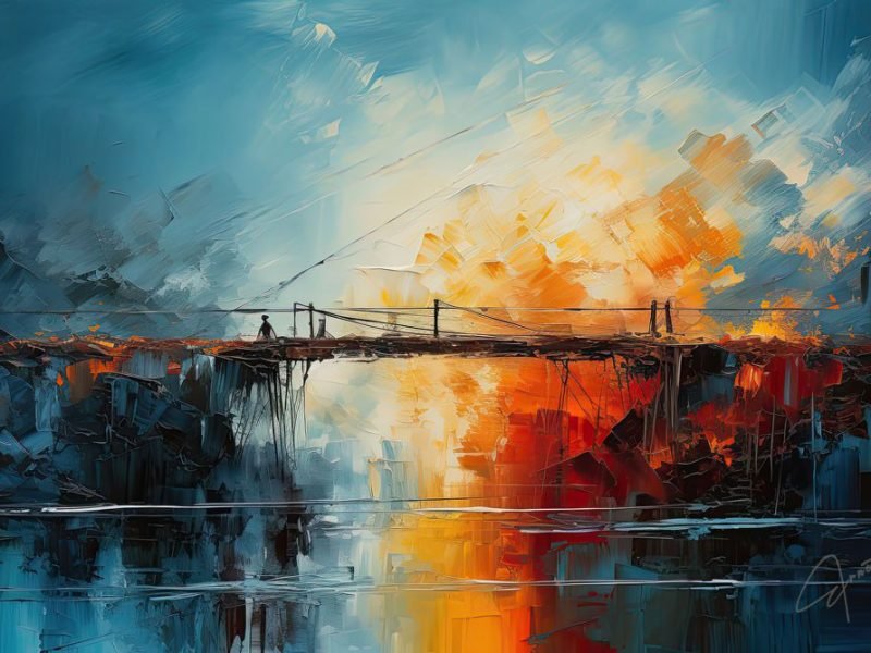 oil painting of a broken bridge across dangerous river