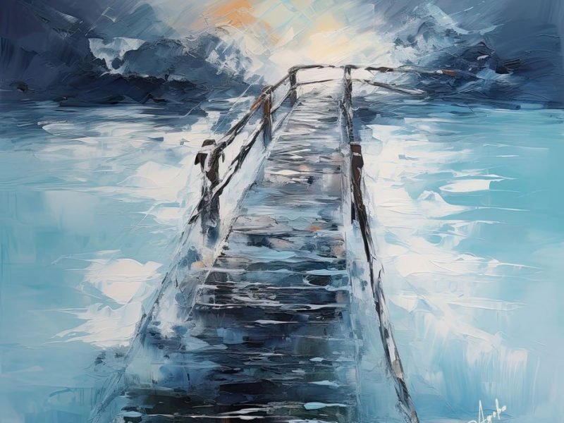 oil painting of a broken bridge across dangerous river