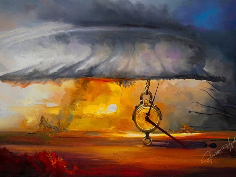 A dangling clock hanging from a swirling cloud of tornado